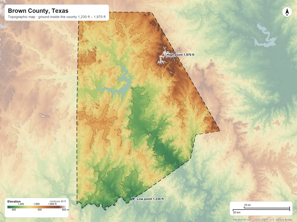 Topographic elevation map of Brown County, Texas, shaded from 1,230 ft on the south side to 1,970 ft on Hog Mountains