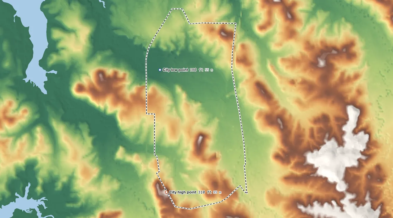 Topographic elevation map of Browndell, Texas, shaded from 180 ft on the northwest side to 310 ft on the south side
