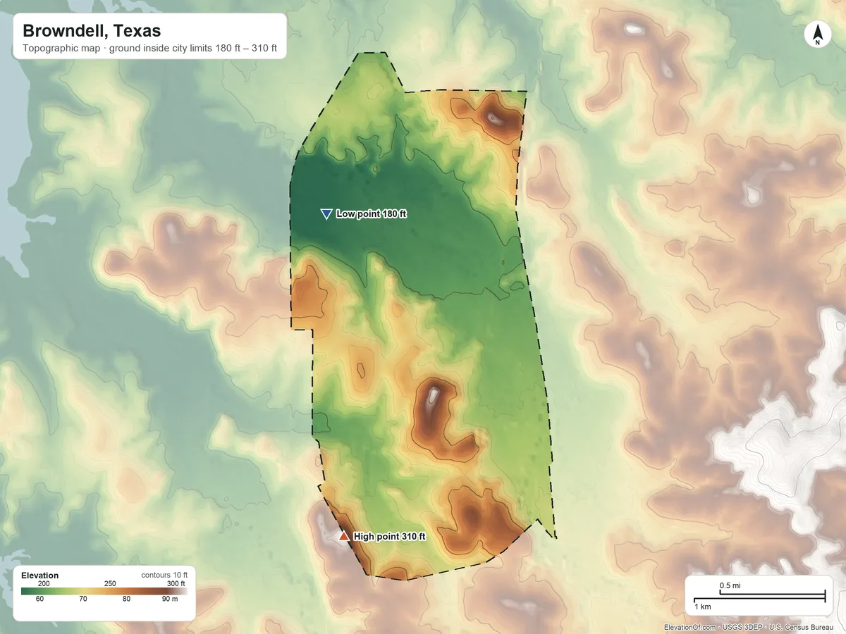 Topographic elevation map of Browndell, Texas, shaded from 180 ft on the northwest side to 310 ft on the south side