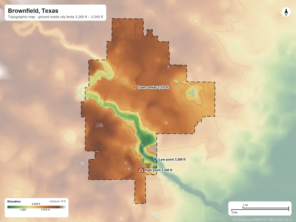 Topographic elevation map of Brownfield, Texas, shaded from 3,260 ft on the south side to 3,340 ft on the south side