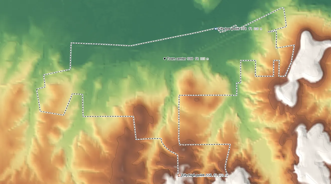 Topographic elevation map of Brownsboro, Texas, shaded from 370 ft on the northeast side to 550 ft on the south side