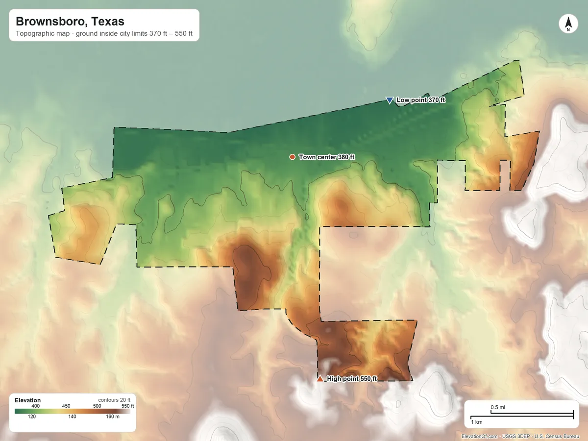 Topographic elevation map of Brownsboro, Texas, shaded from 370 ft on the northeast side to 550 ft on the south side
