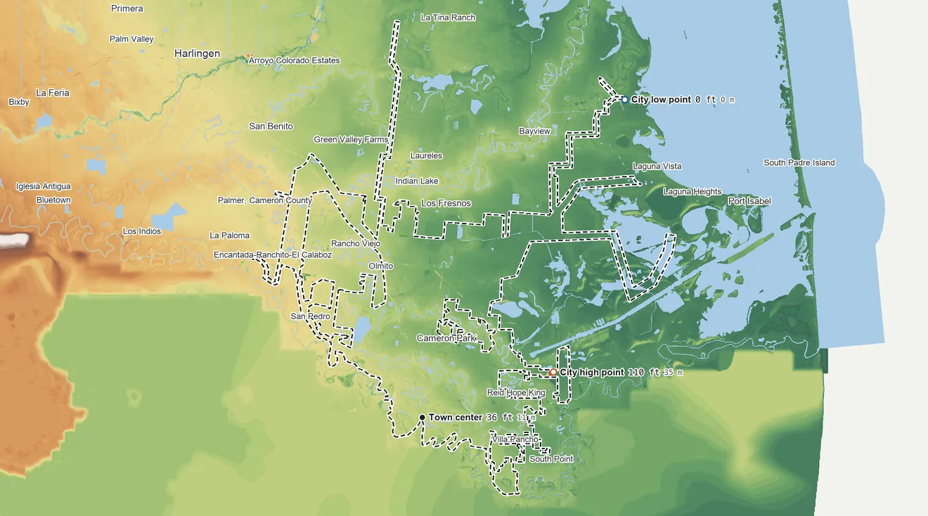 Topographic elevation map of Brownsville, Texas, shaded from sea level level on the Laguna Madre to 110 ft on the east side