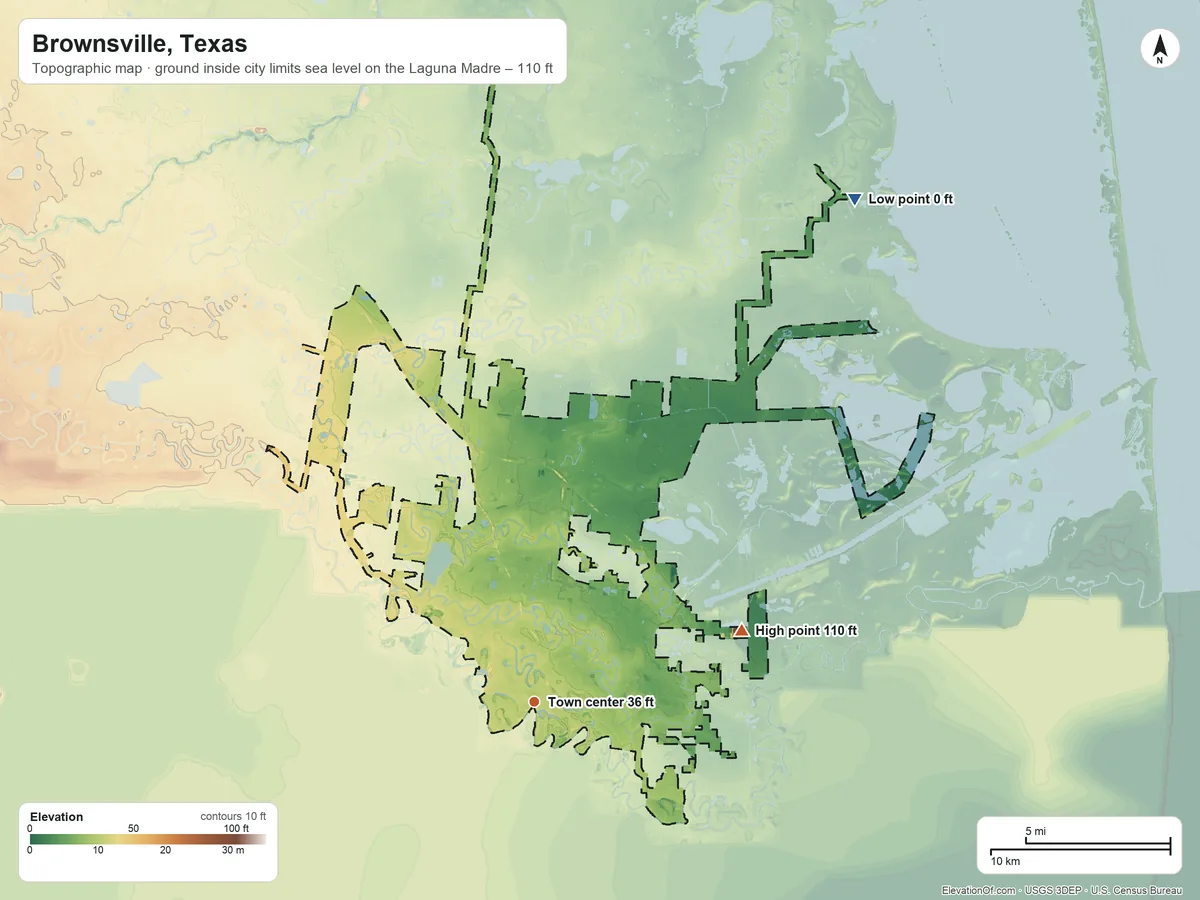 Topographic elevation map of Brownsville, Texas, shaded from sea level level on the Laguna Madre to 110 ft on the east side