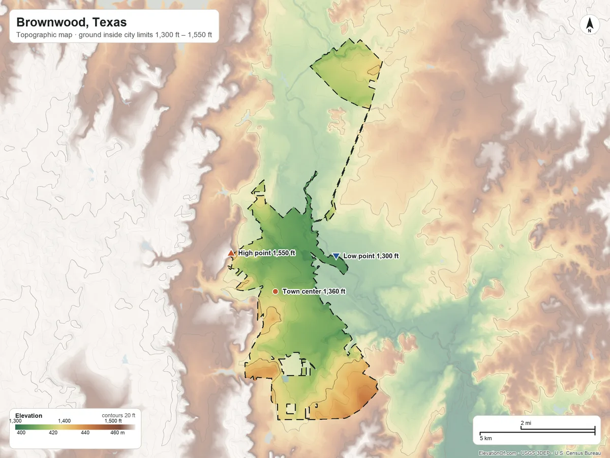 Topographic elevation map of Brownwood, Texas, shaded from 1,300 ft on the northeast side to 1,550 ft on the northwest side