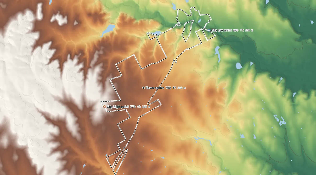 Topographic elevation map of Bruceville-Eddy, Texas, shaded from 490 ft on the northeast side to 770 ft on the southwest side