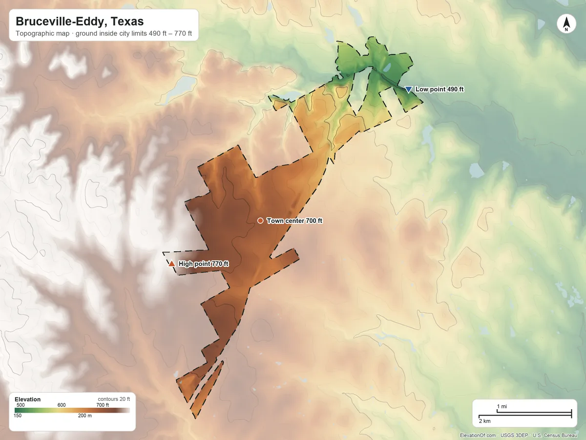 Topographic elevation map of Bruceville-Eddy, Texas, shaded from 490 ft on the northeast side to 770 ft on the southwest side