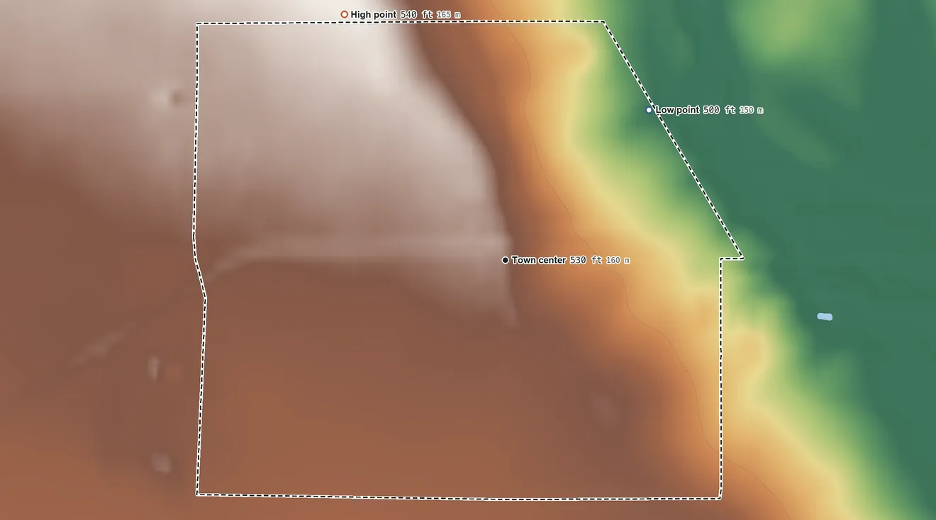 Topographic elevation map of Brundage, Texas, shaded from 500 ft on the northeast side to 540 ft on the northwest side