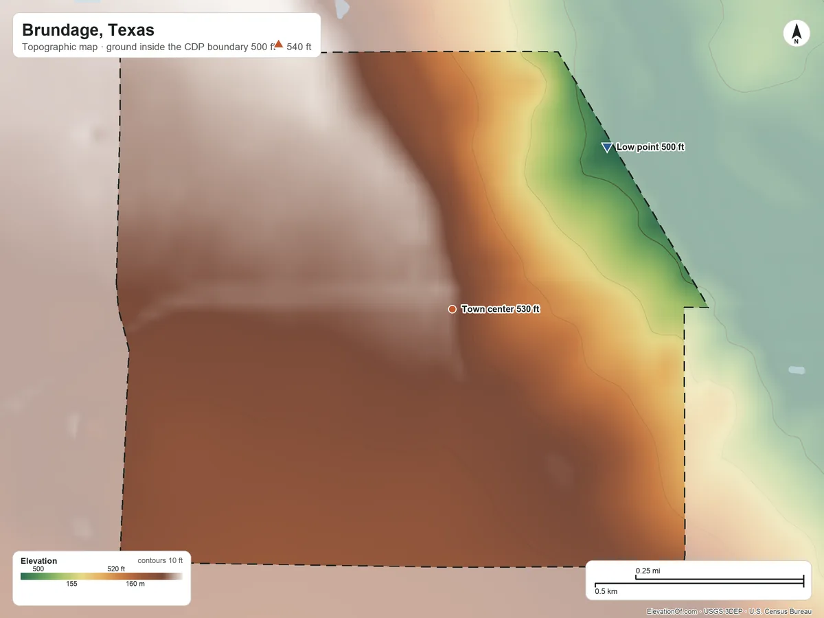 Topographic elevation map of Brundage, Texas, shaded from 500 ft on the northeast side to 540 ft on the northwest side