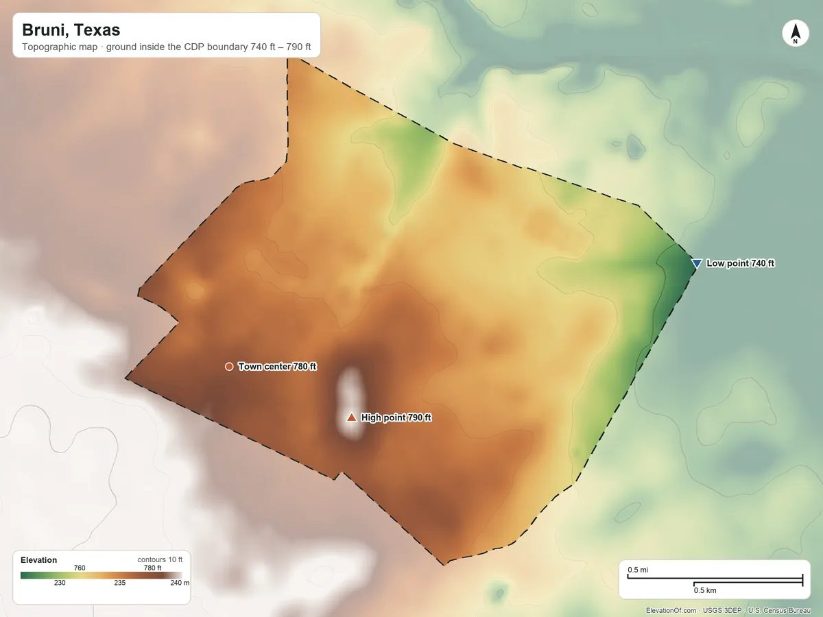 Topographic elevation map of Bruni, Texas, shaded from 740 ft on the east side to 790 ft on the southeast side