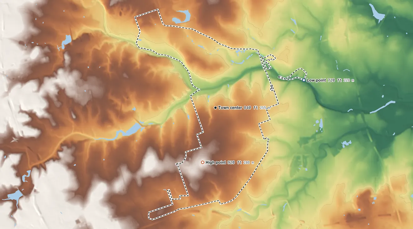 Topographic elevation map of Brushy Creek, Texas, shaded from 720 ft on the east side to 920 ft on the south side