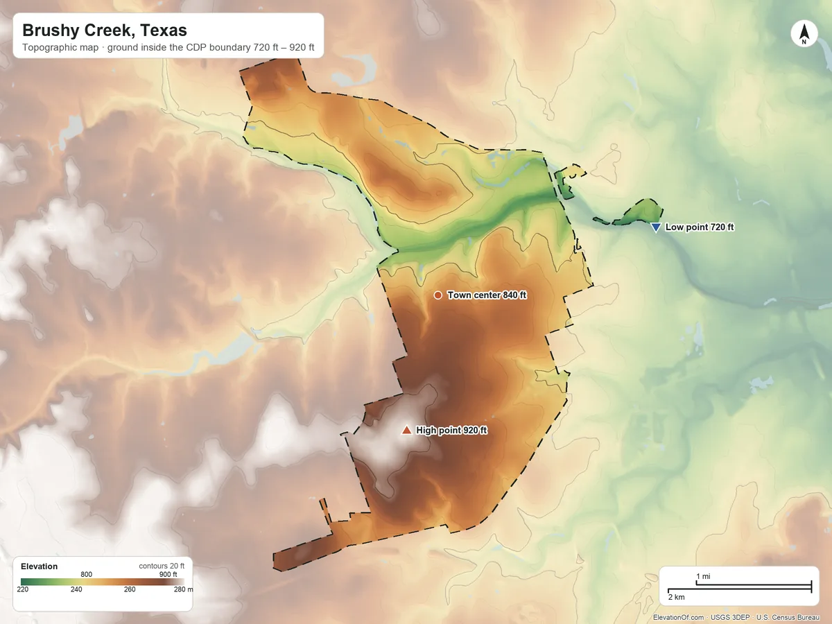 Topographic elevation map of Brushy Creek, Texas, shaded from 720 ft on the east side to 920 ft on the south side