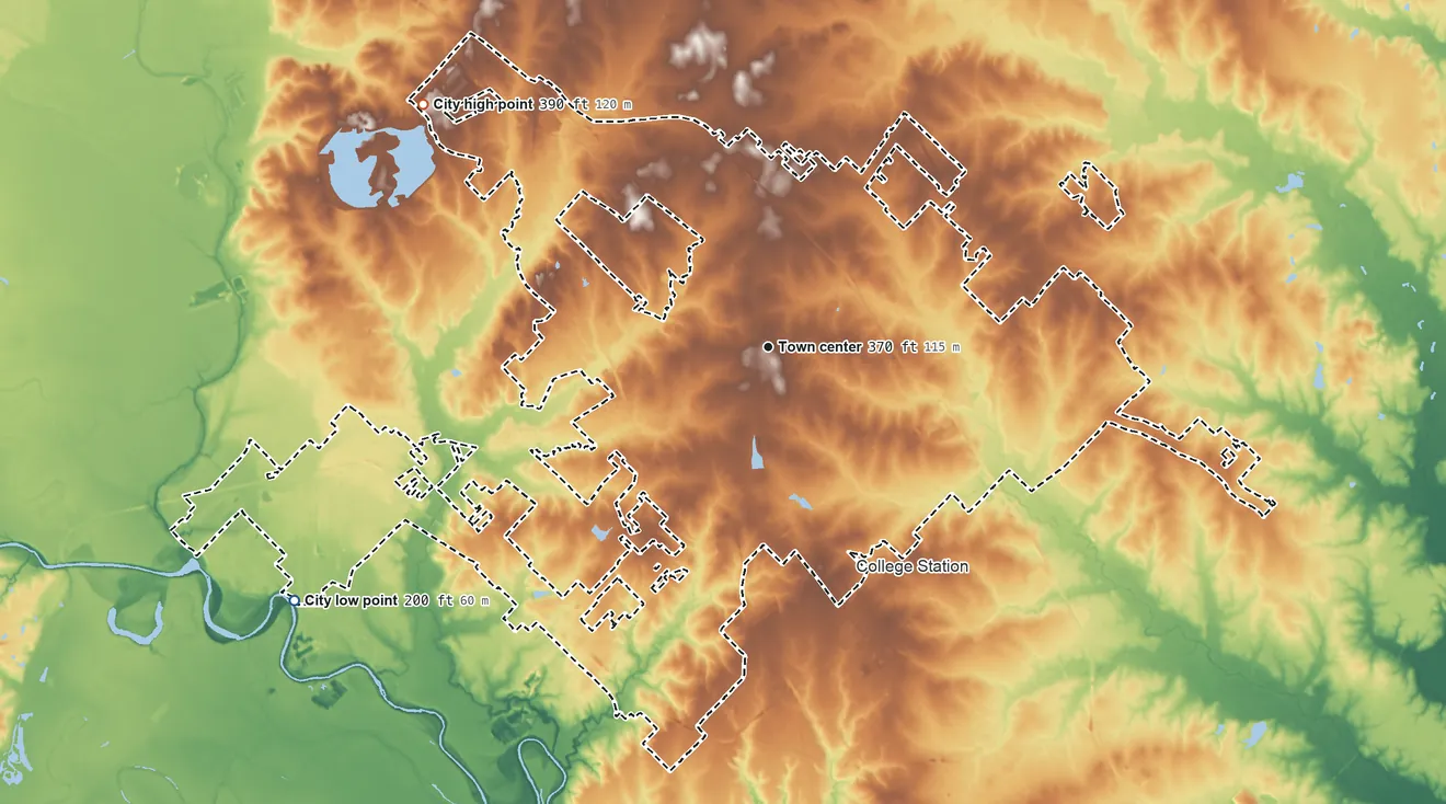 Topographic elevation map of Bryan, Texas, shaded from 200 ft on the southwest side to 390 ft on the northwest side