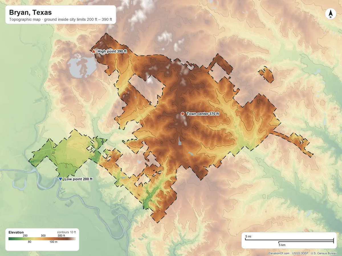 Topographic elevation map of Bryan, Texas, shaded from 200 ft on the southwest side to 390 ft on the northwest side