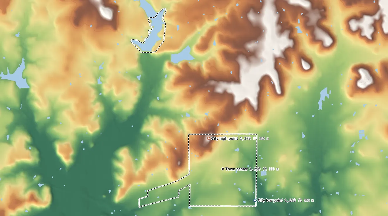 Topographic elevation map of Bryson, Texas, shaded from 1,190 ft on the southeast side to 1,370 ft on the northwest side