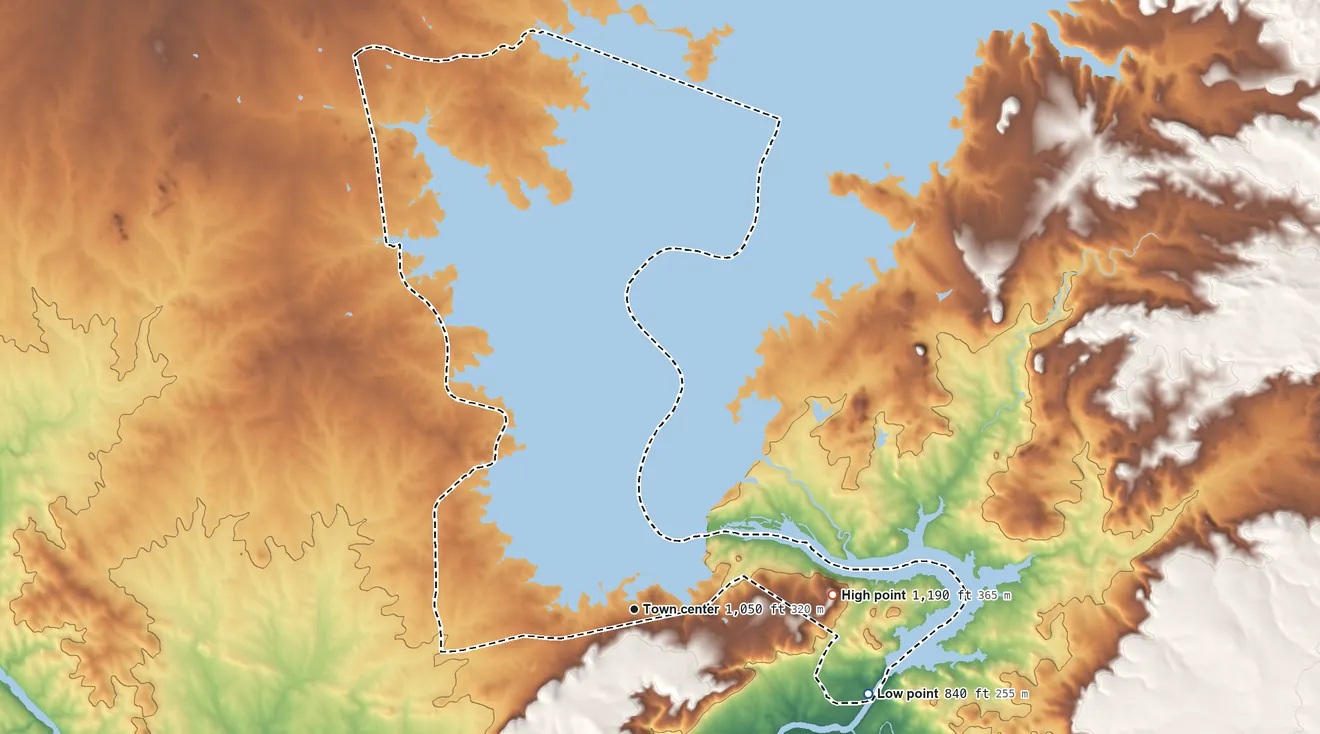 Topographic elevation map of Buchanan Dam, Texas, shaded from 840 ft on the east side to 1,190 ft on the east side