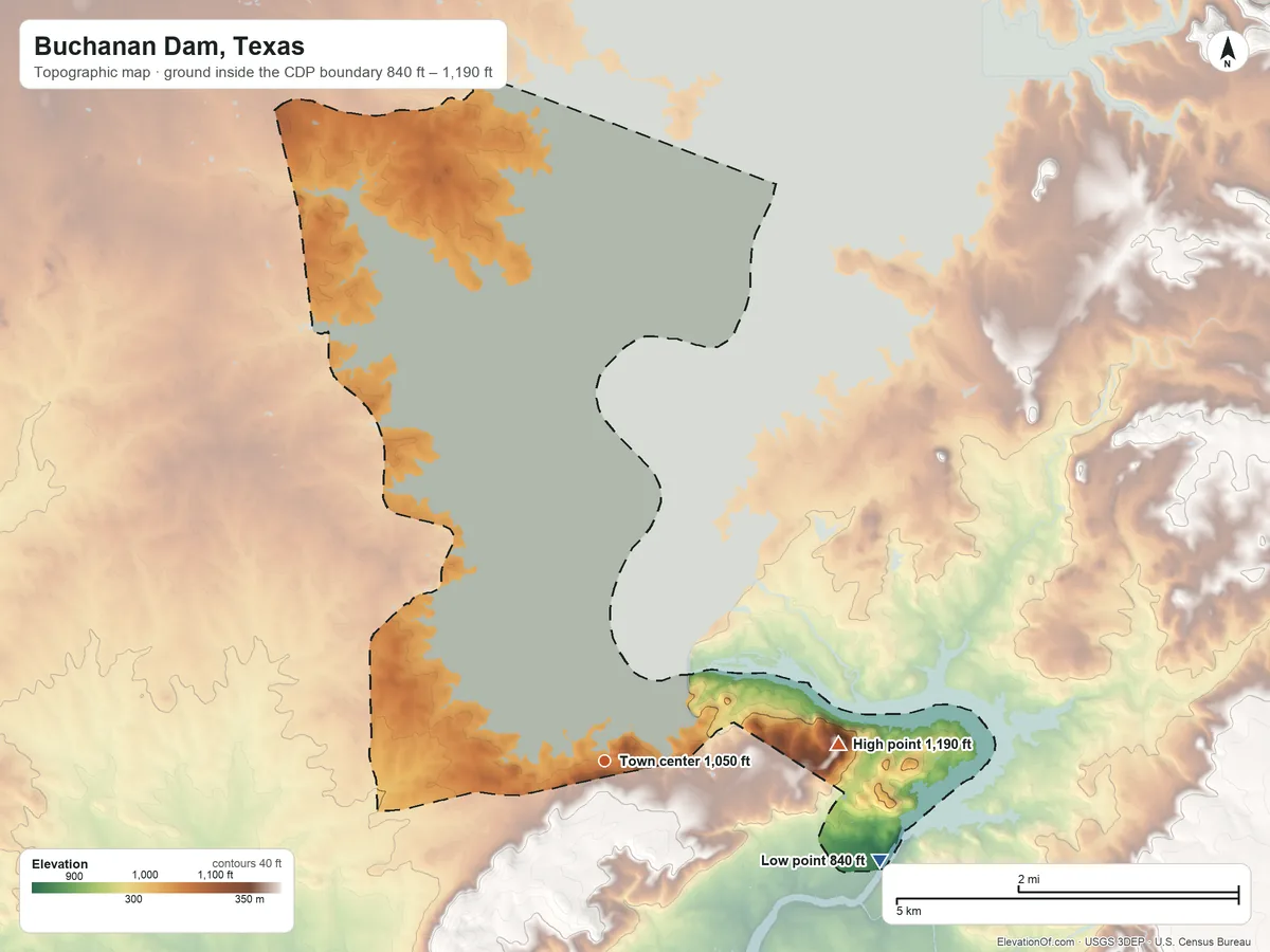 Topographic elevation map of Buchanan Dam, Texas, shaded from 840 ft on the east side to 1,190 ft on the east side