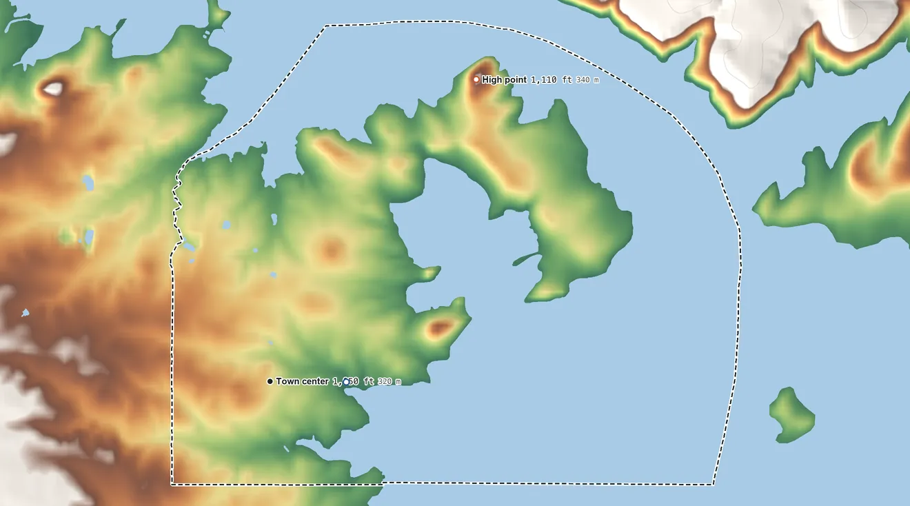 Topographic elevation map of Buchanan Lake Village, Texas, shaded from 1,020 ft on the east side to 1,110 ft on the northeast side