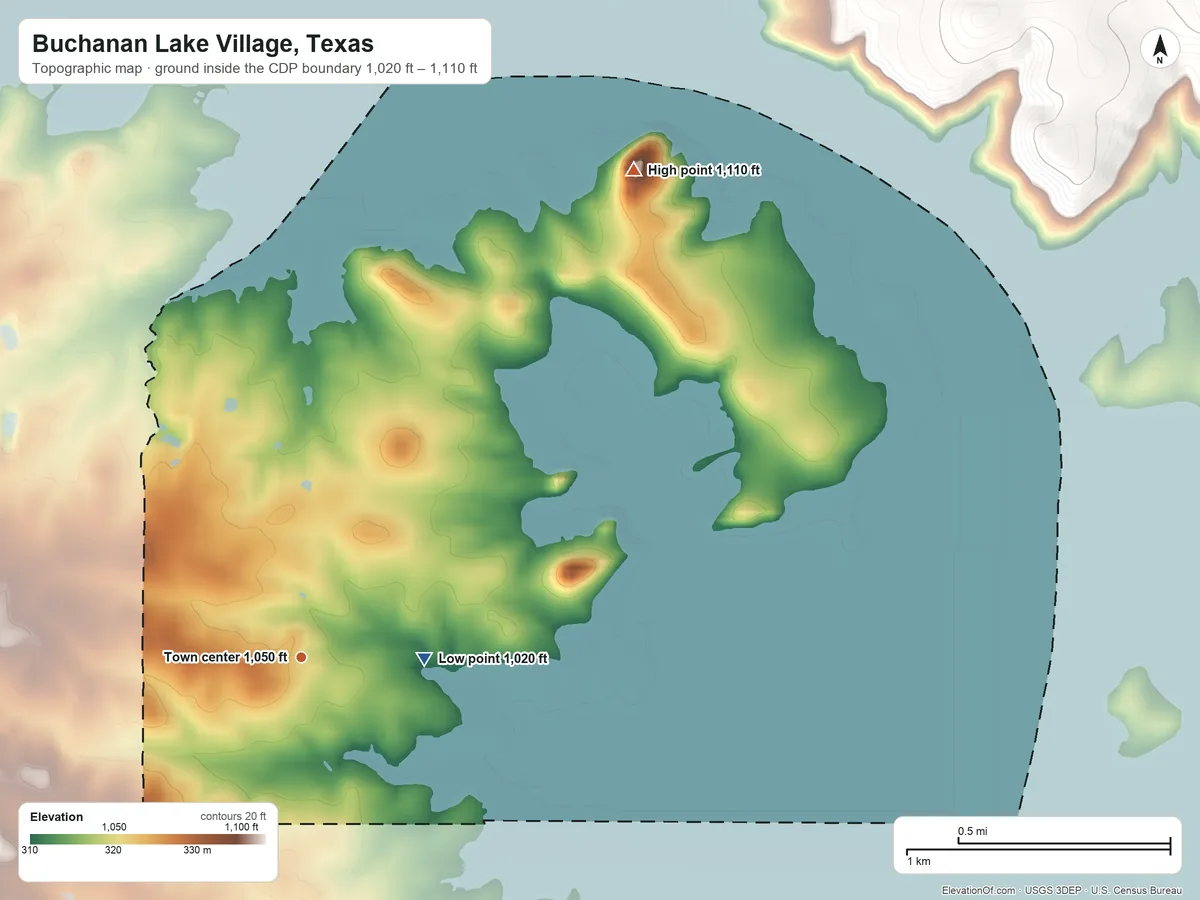 Topographic elevation map of Buchanan Lake Village, Texas, shaded from 1,020 ft on the east side to 1,110 ft on the northeast side
