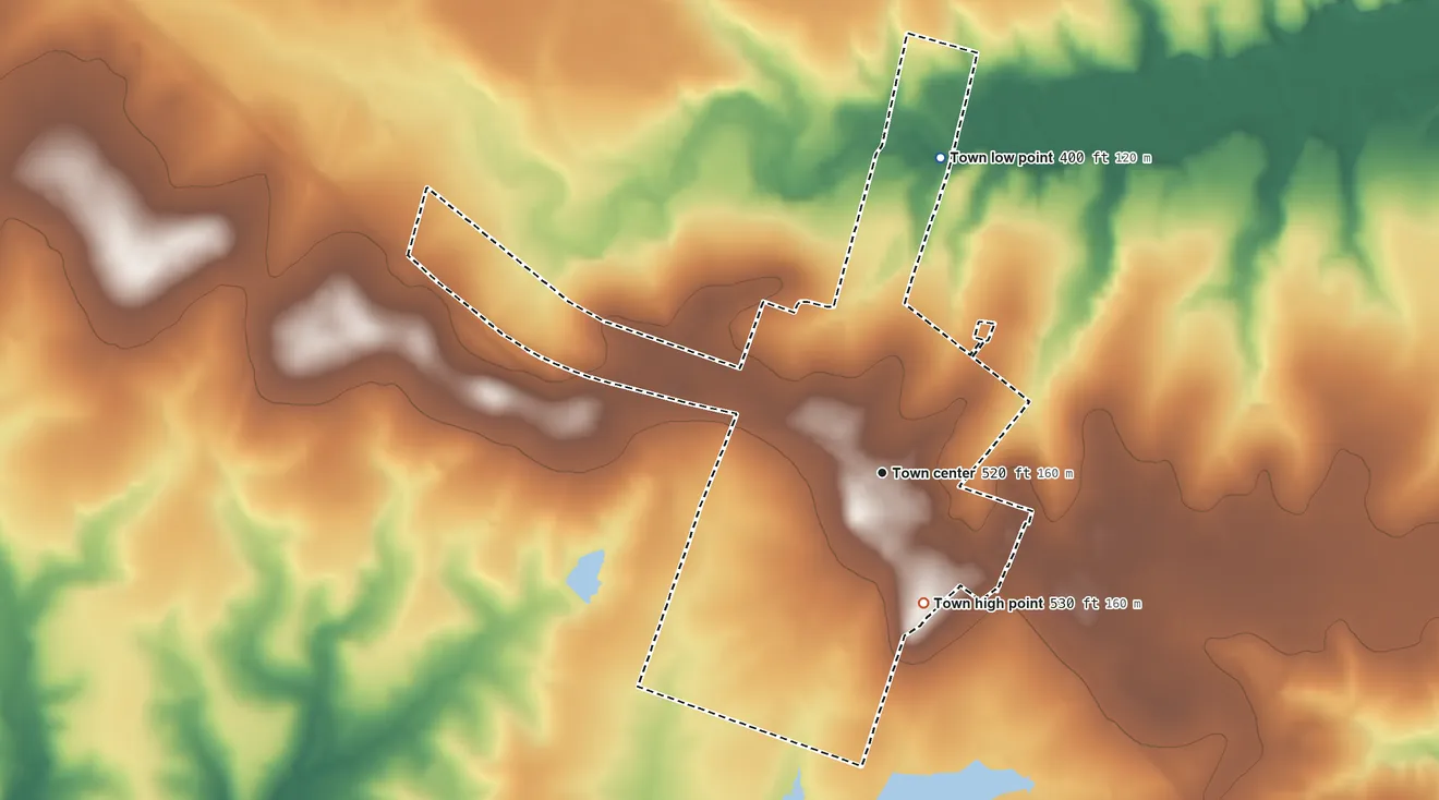 Topographic elevation map of Buckholts, Texas, shaded from 400 ft on the north side to 530 ft on the south side