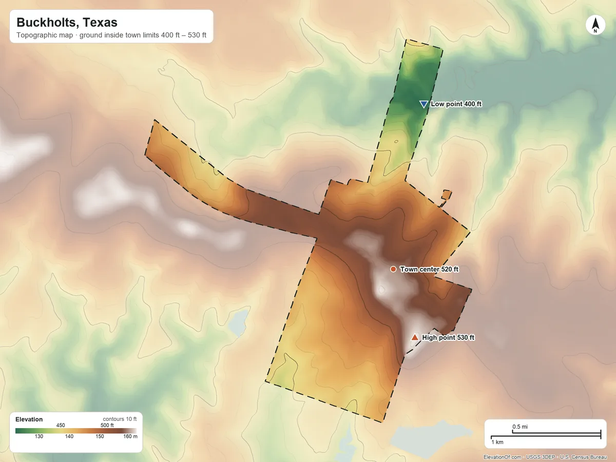 Topographic elevation map of Buckholts, Texas, shaded from 400 ft on the north side to 530 ft on the south side