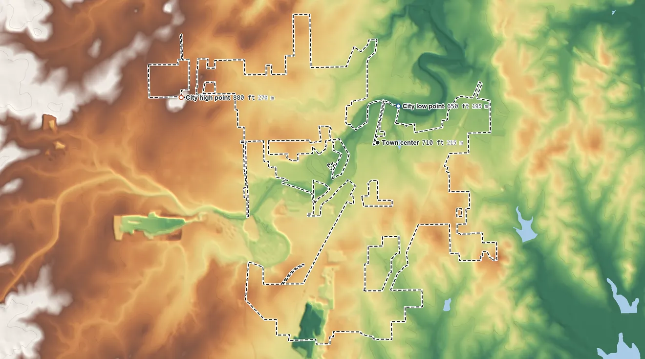 Topographic elevation map of Buda, Texas, shaded from 650 ft near the middle to 880 ft on the west edge, below higher ground just outside