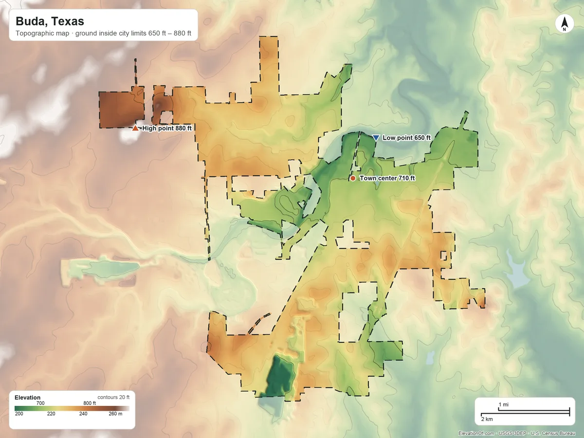 Topographic elevation map of Buda, Texas, shaded from 650 ft near the middle to 880 ft on the west edge, below higher ground just outside