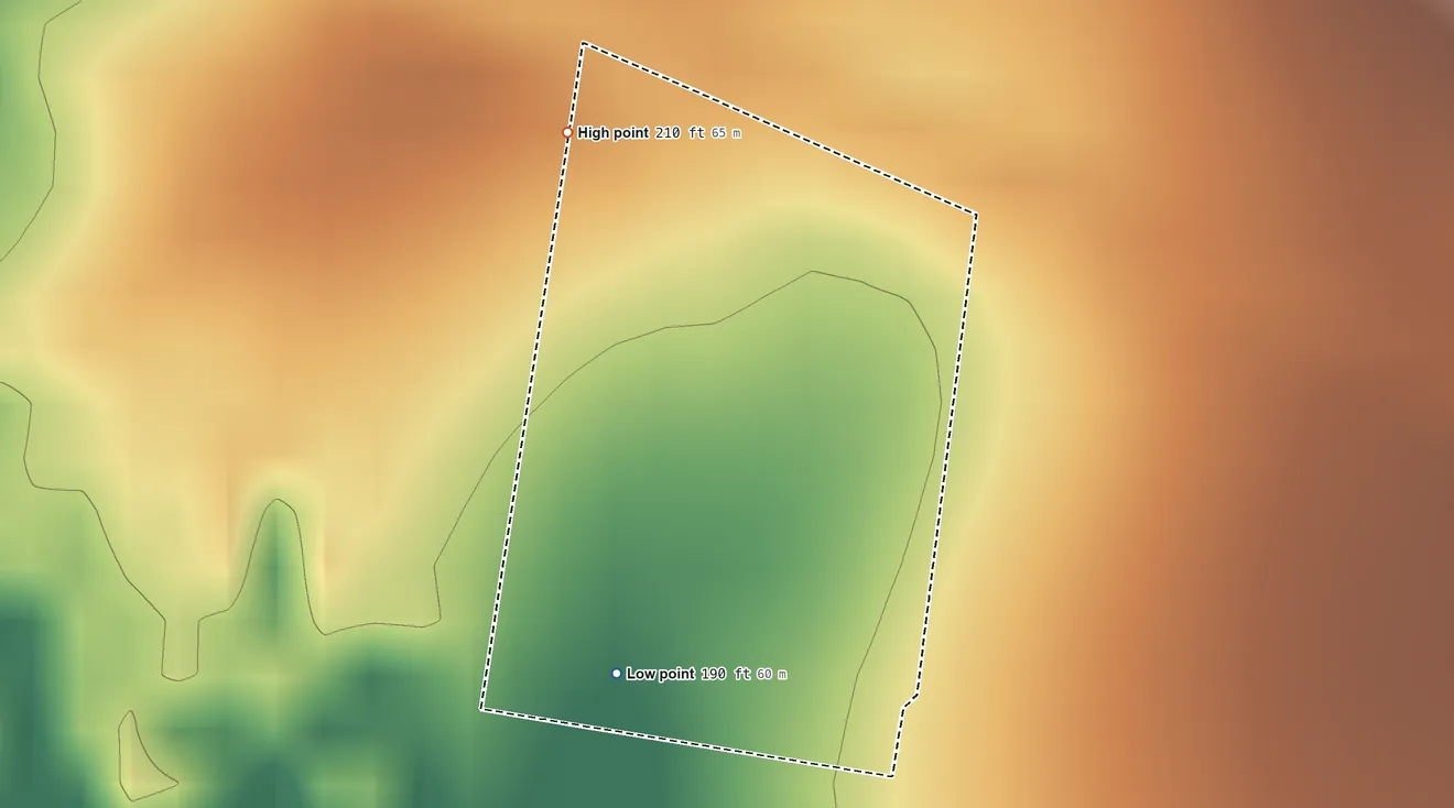Topographic elevation map of Buena Vista, Texas, shaded from 190 ft on the south side to 210 ft on the north side