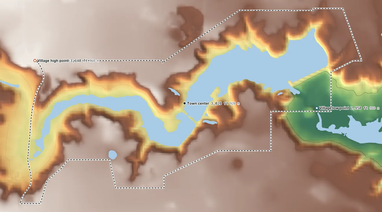 Topographic elevation map of Buffalo Springs Lake, Texas, shaded from 2,950 ft on the east side to 3,140 ft on the west side