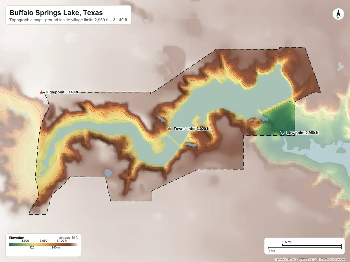 Topographic elevation map of Buffalo Springs Lake, Texas, shaded from 2,950 ft on the east side to 3,140 ft on the west side