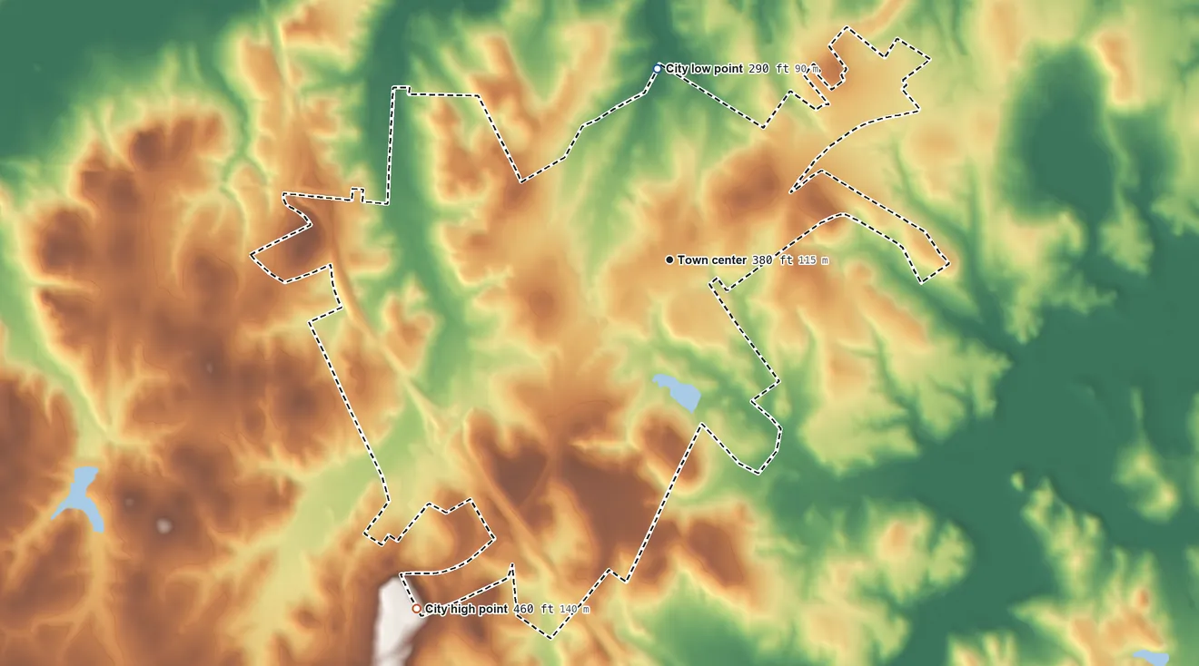 Topographic elevation map of Buffalo, Texas, shaded from 290 ft on the north side to 460 ft on the southwest side