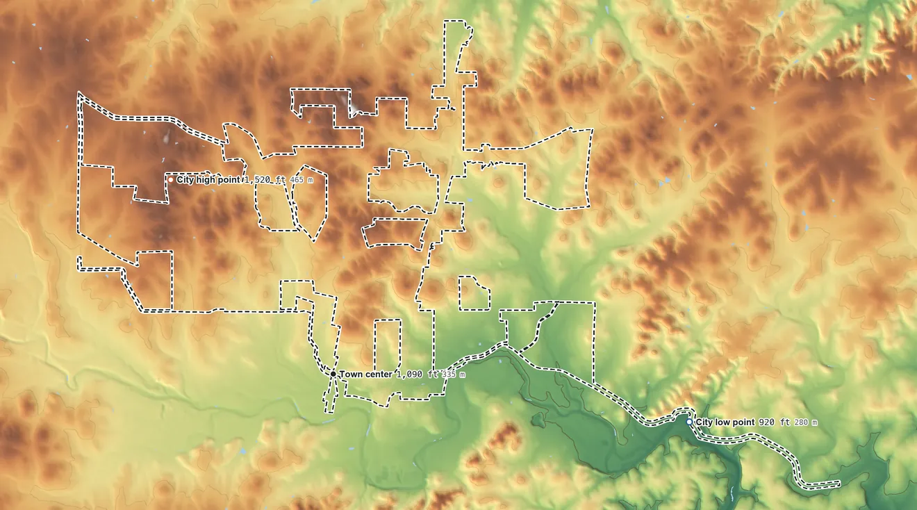 Topographic elevation map of Bulverde, Texas, shaded from 920 ft on the east side to 1,520 ft on the northwest side