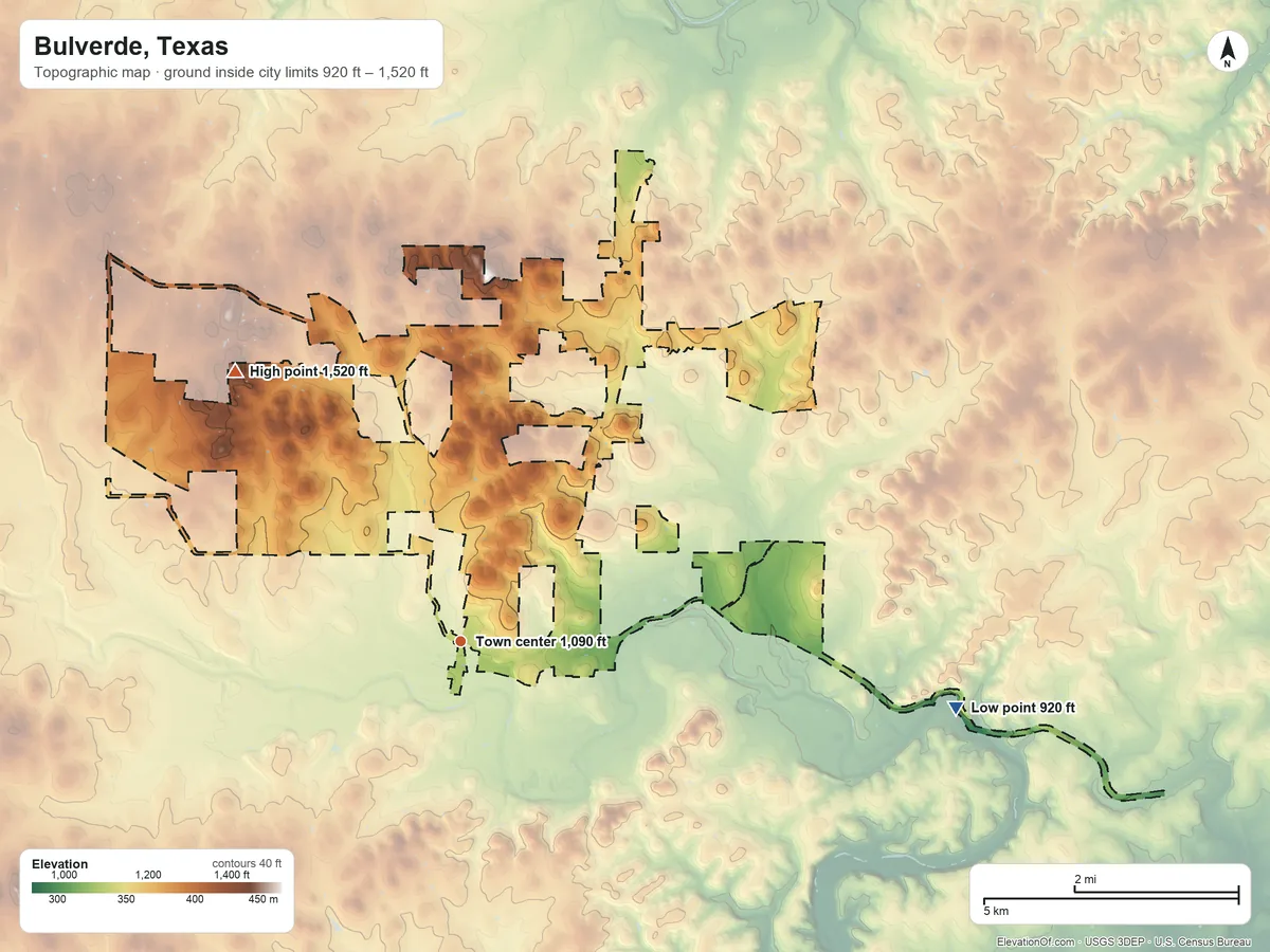 Topographic elevation map of Bulverde, Texas, shaded from 920 ft on the east side to 1,520 ft on the northwest side