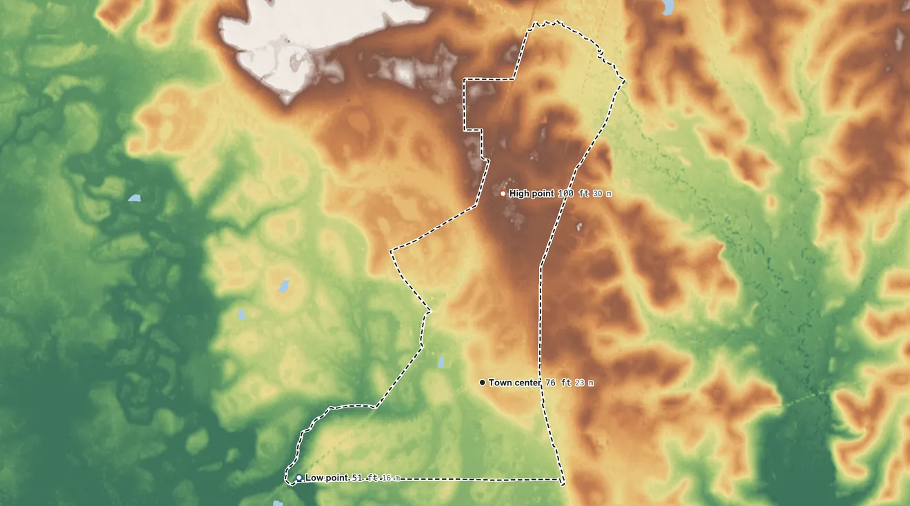 Topographic elevation map of Buna, Texas, shaded from 51 ft on the southwest side to 100 ft on the north side