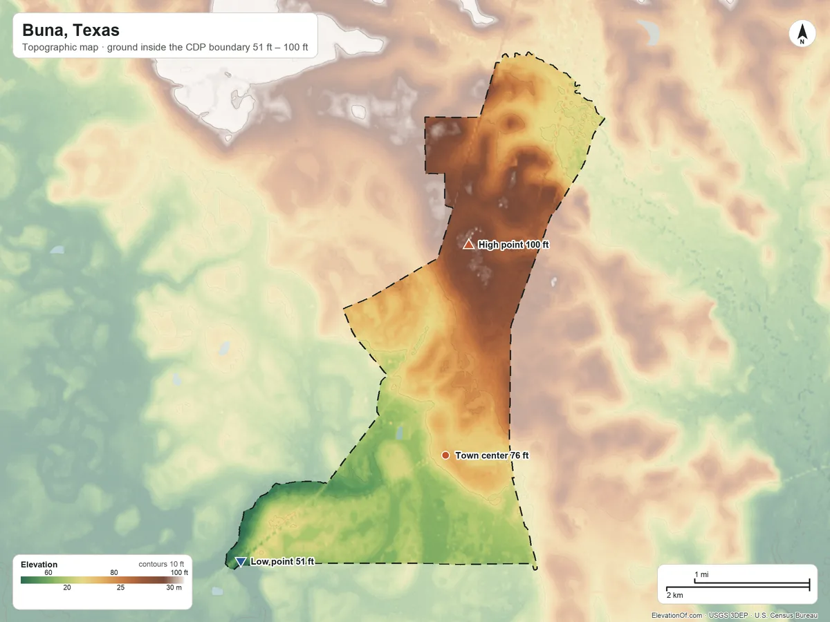 Topographic elevation map of Buna, Texas, shaded from 51 ft on the southwest side to 100 ft on the north side