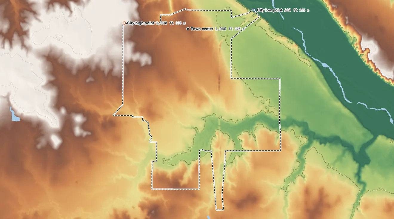Topographic elevation map of Burkburnett, Texas, shaded from 960 ft on the east side to 1,090 ft on the west side