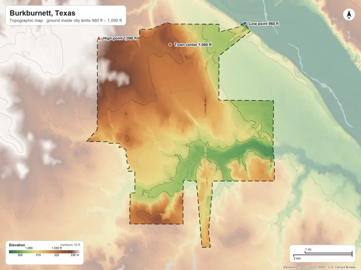 Topographic elevation map of Burkburnett, Texas, shaded from 960 ft on the east side to 1,090 ft on the west side
