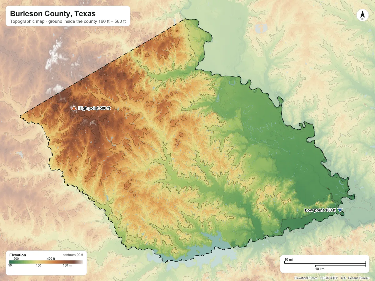 Topographic elevation map of Burleson County, Texas, shaded from 160 ft on the southeast side to 580 ft on the west side