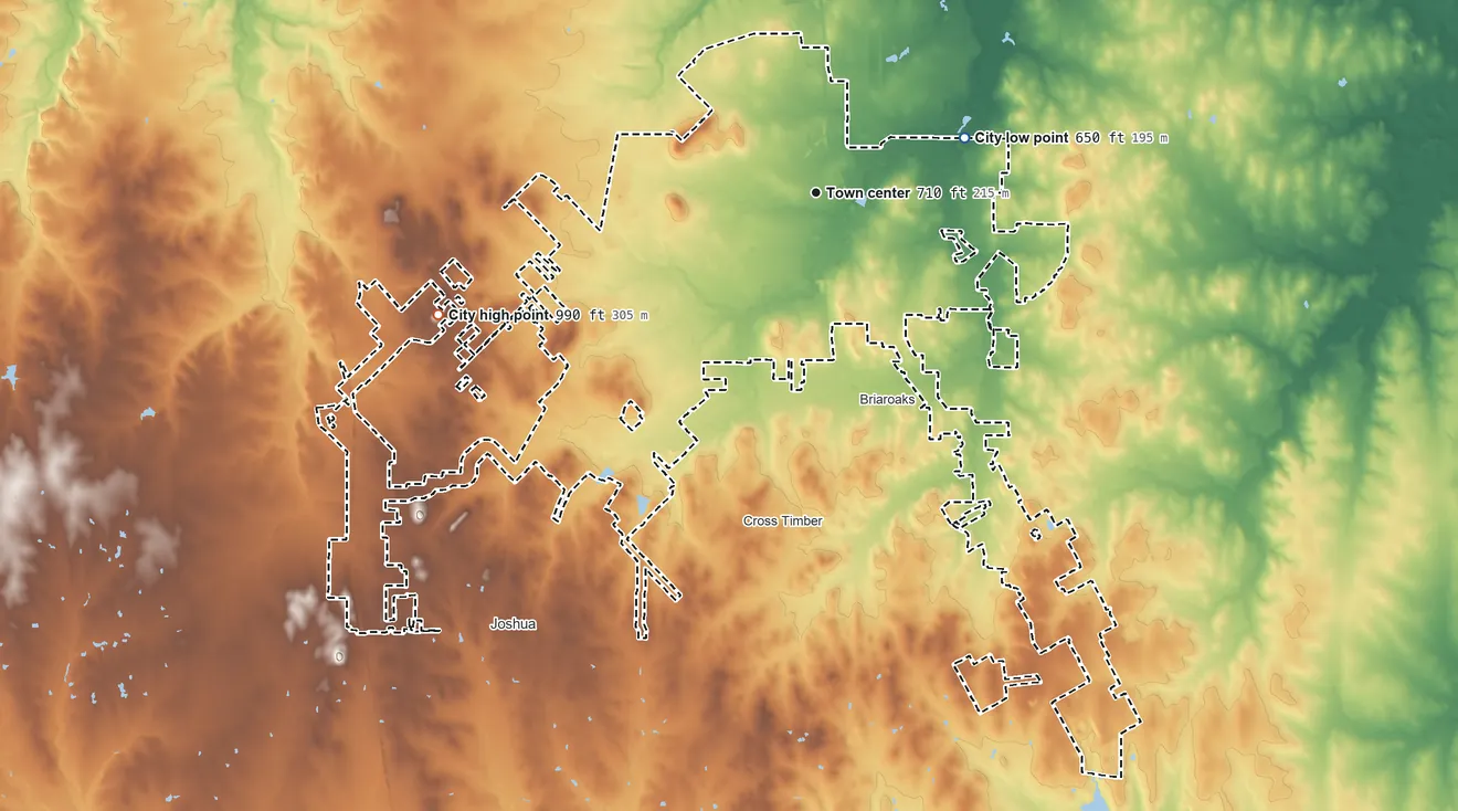 Topographic elevation map of Burleson, Texas, shaded from 650 ft on the east side to 990 ft on the west side