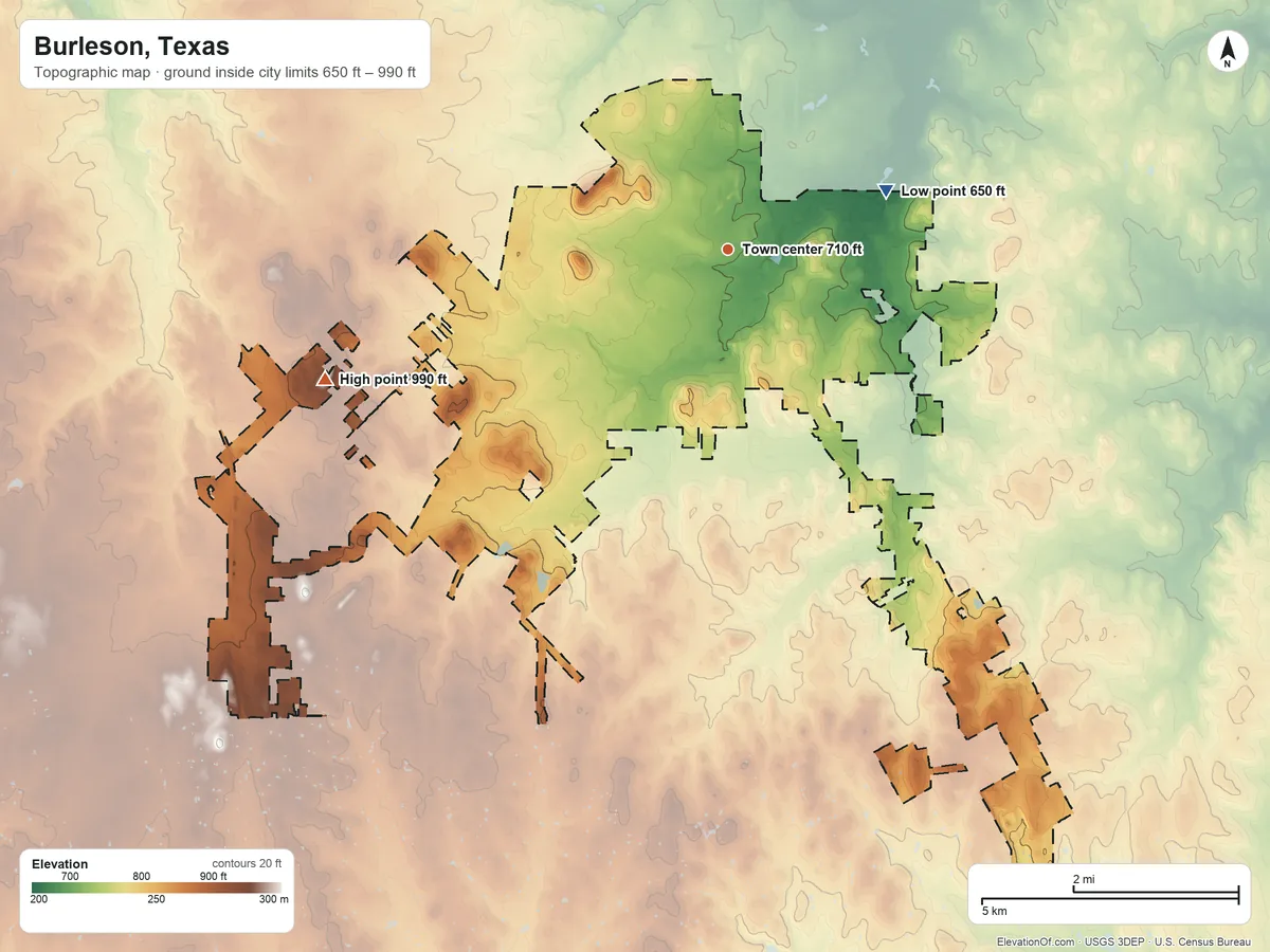 Topographic elevation map of Burleson, Texas, shaded from 650 ft on the east side to 990 ft on the west side
