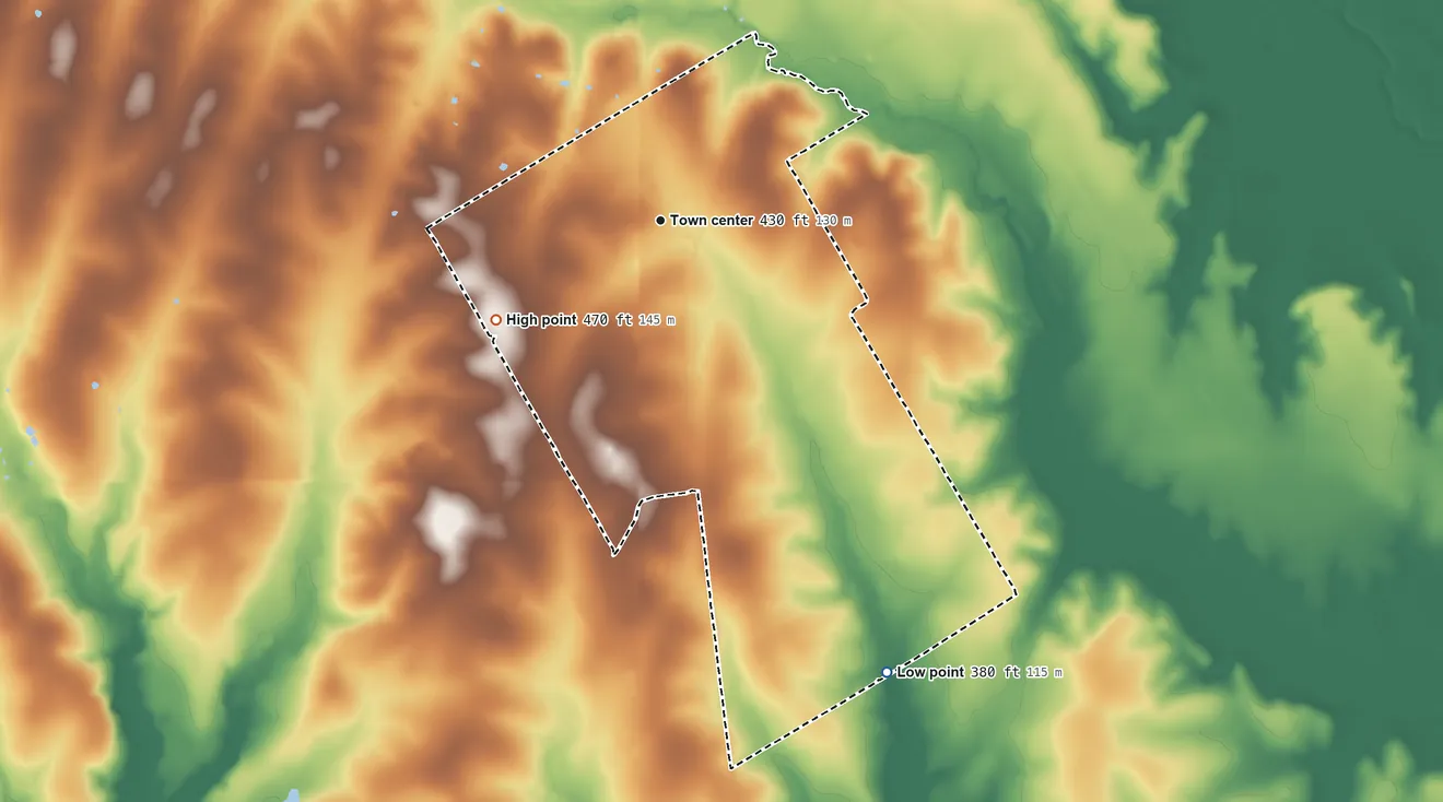 Topographic elevation map of Burlington, Texas, shaded from 380 ft on the southeast side to 470 ft on the southwest side