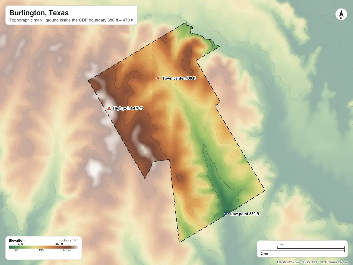 Topographic elevation map of Burlington, Texas, shaded from 380 ft on the southeast side to 470 ft on the southwest side