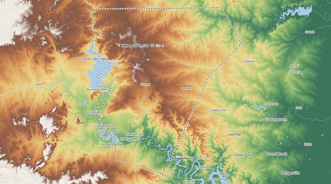 Topographic elevation map of Burnet County, Texas, shaded from 680 ft on the south side to 1,600 ft on Long Mountain