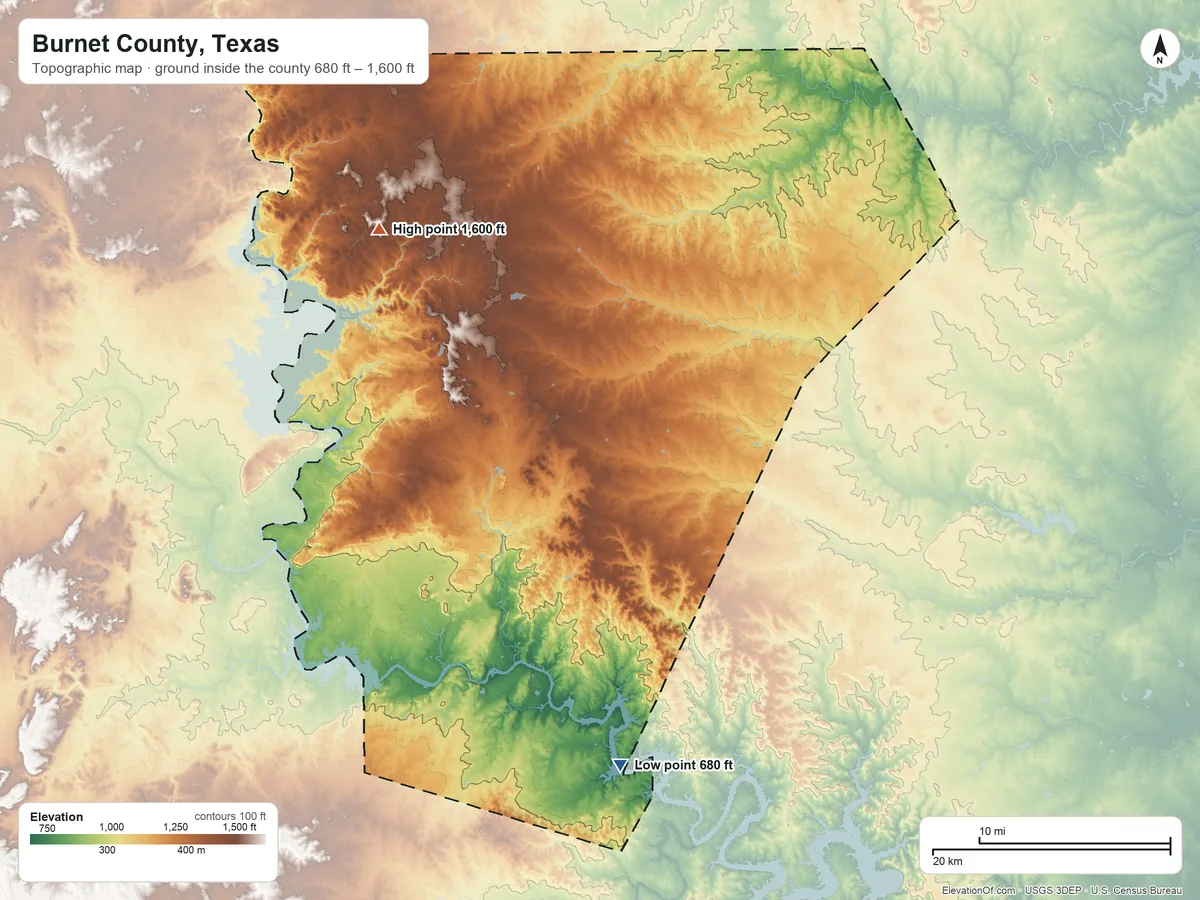 Topographic elevation map of Burnet County, Texas, shaded from 680 ft on the south side to 1,600 ft on Long Mountain