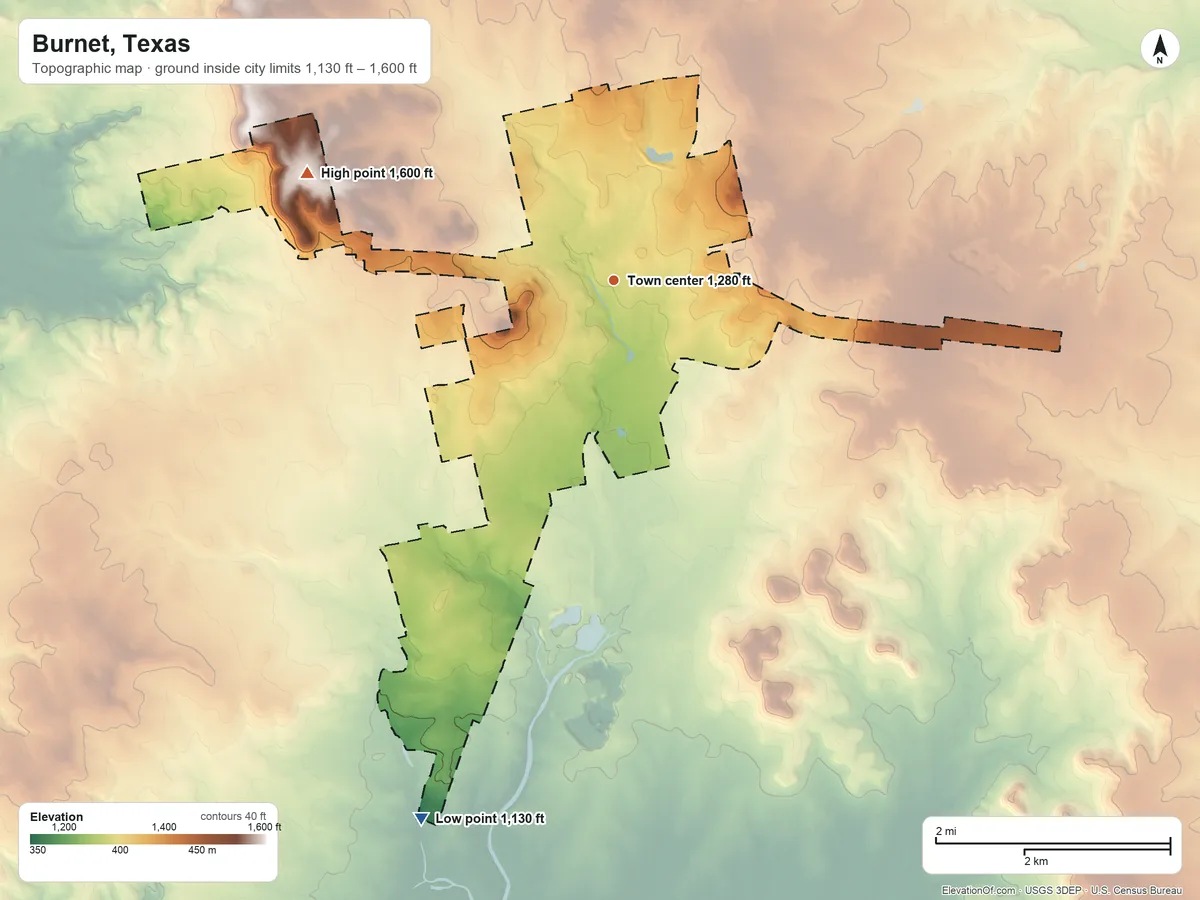 Topographic elevation map of Burnet, Texas, shaded from 1,130 ft on the south side to 1,600 ft on the west side