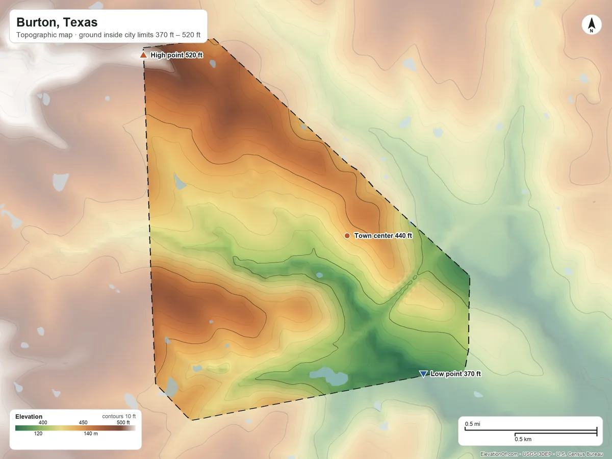 Topographic elevation map of Burton, Texas, shaded from 370 ft on the southeast side to 520 ft on the northwest side
