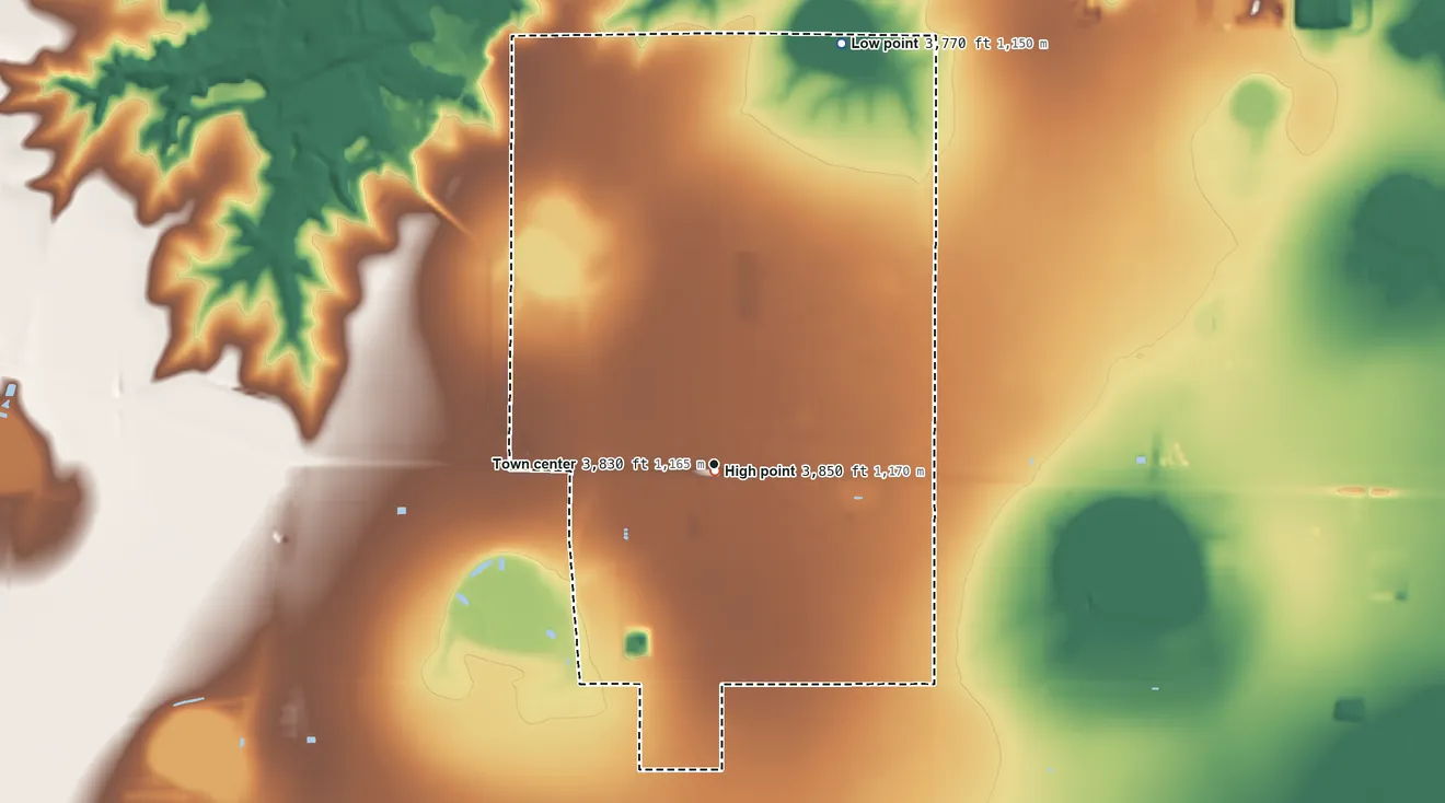 Topographic elevation map of Bushland, Texas, shaded from 3,770 ft on the north side to 3,850 ft near the middle