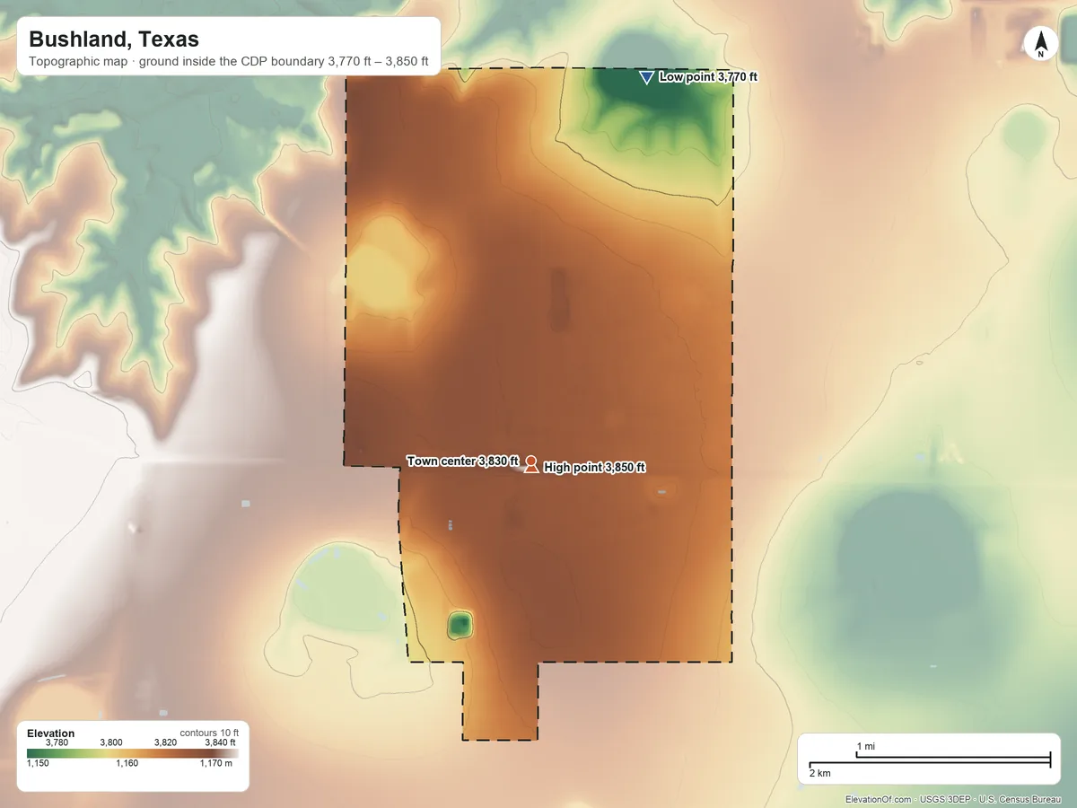 Topographic elevation map of Bushland, Texas, shaded from 3,770 ft on the north side to 3,850 ft near the middle