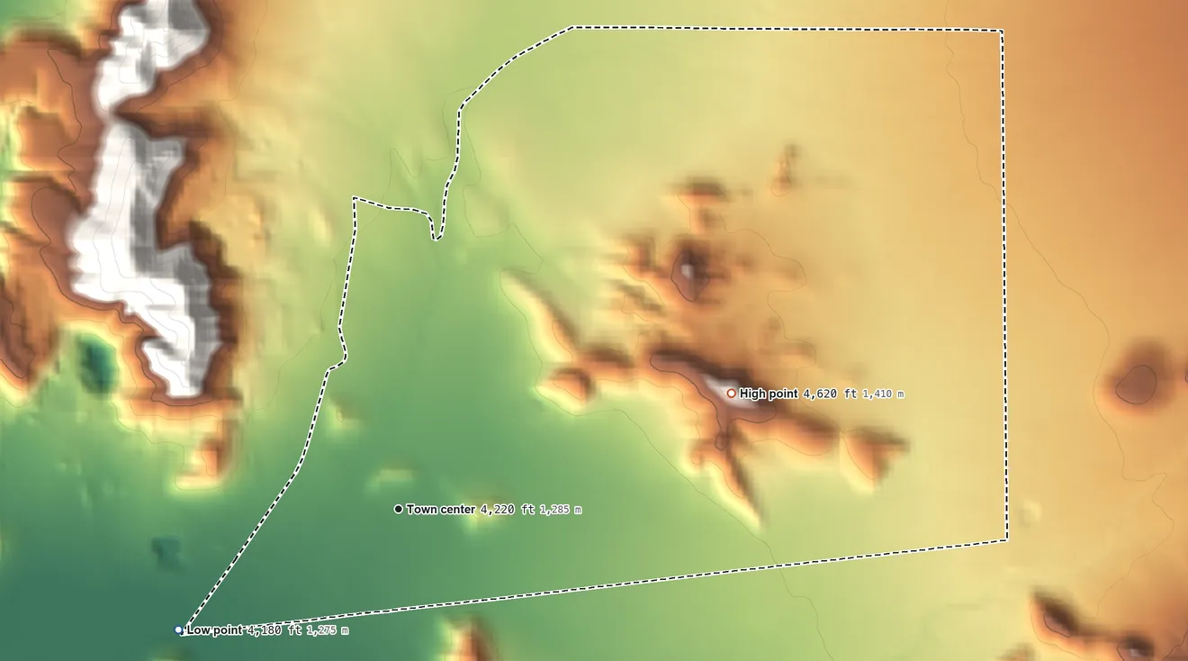 Topographic elevation map of Butterfield, Texas, shaded from 4,180 ft on the southwest side to 4,620 ft at the foot of the Hueco Mountains