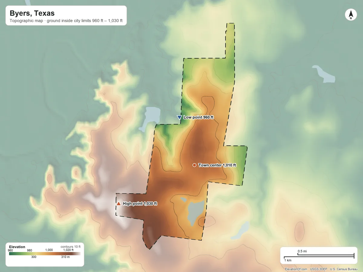 Topographic elevation map of Byers, Texas, shaded from 960 ft on the north side to 1,030 ft on the southwest side